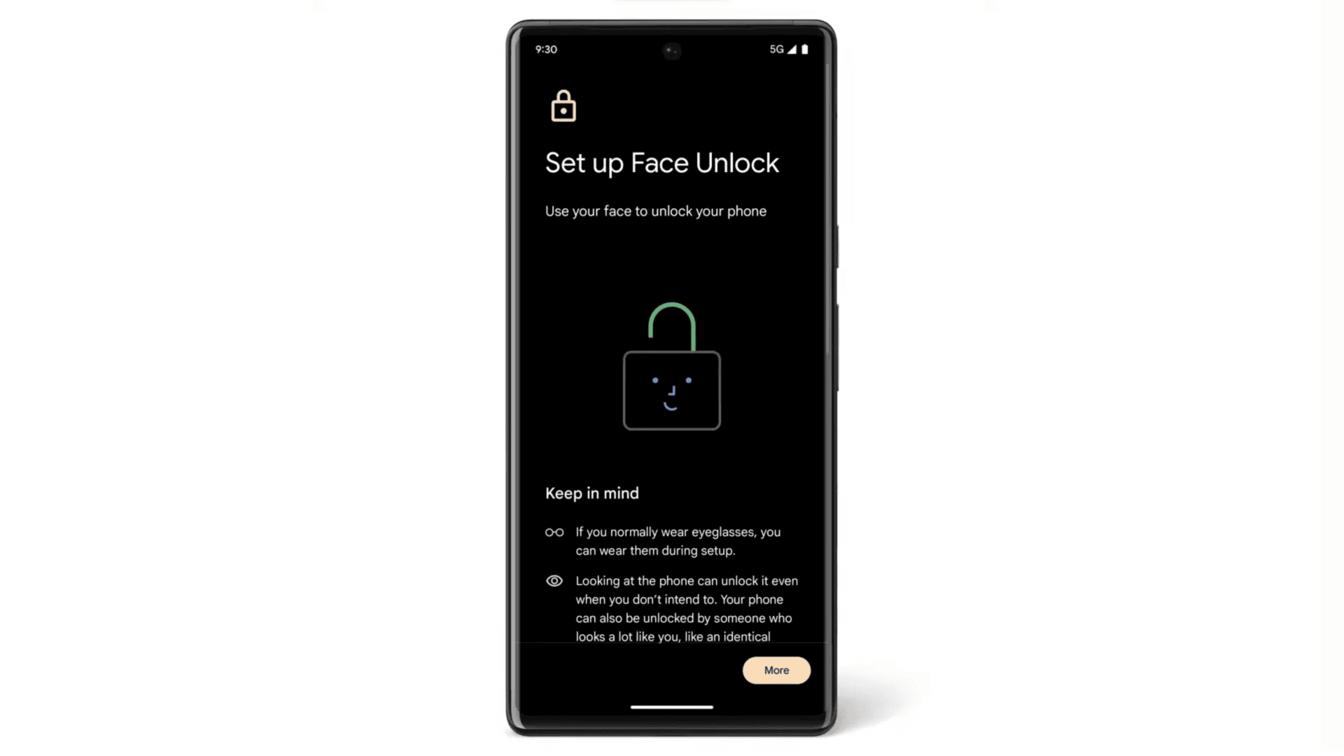 Face unlock setup screen in a smartphone